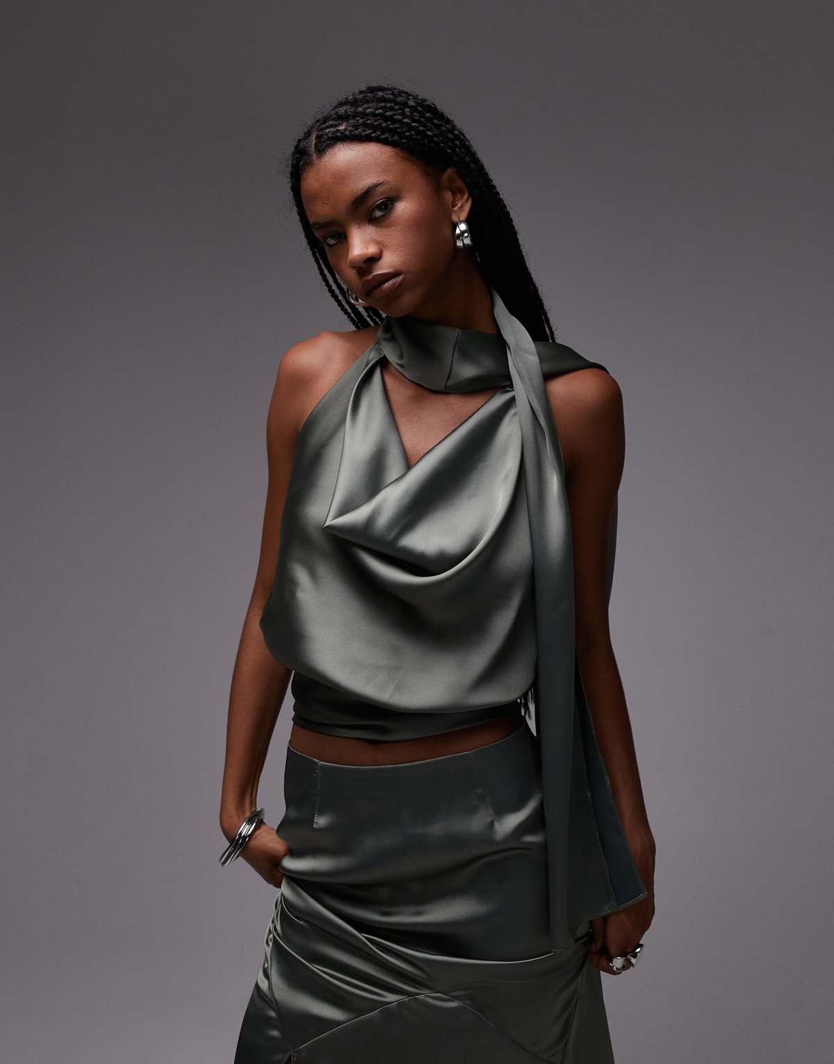 ASOS DESIGN satin drape scarf top in khaki co ord