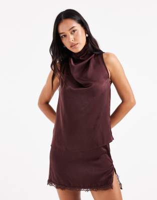 Asos Design Satin Drape Sleeveless Top-no Colour In Burgundy
