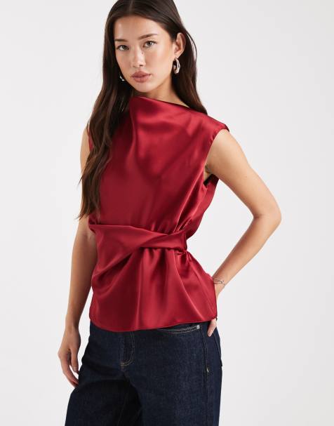ASOS DESIGN satin drape twist detail top in red - view 1