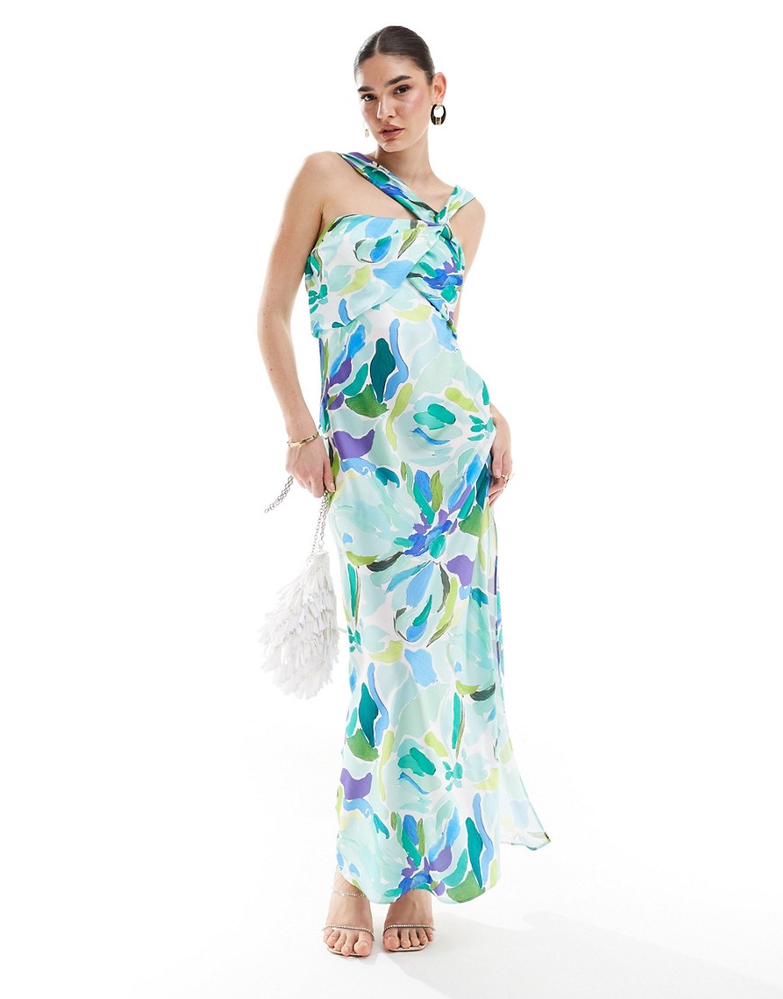 satin drape twist strap maxi dress in bold floral print-Multi