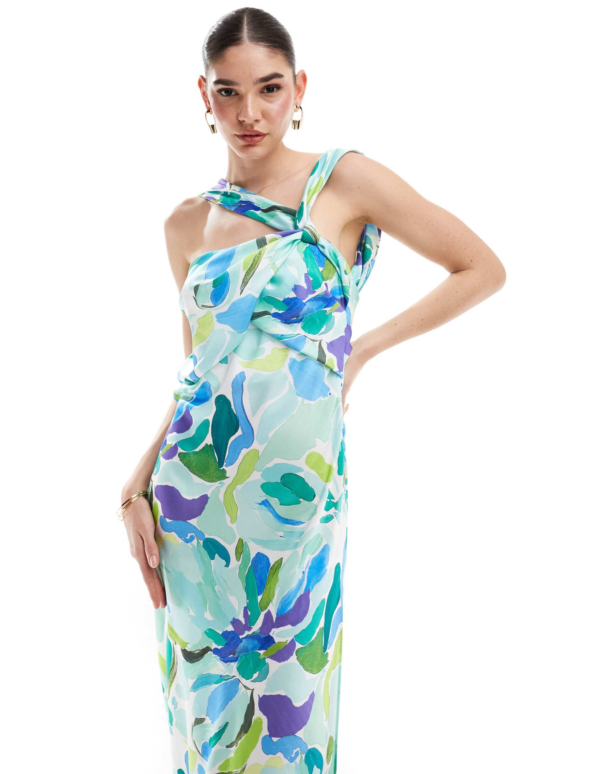 asos design satin drape twist strap maxi dress in bold floral print