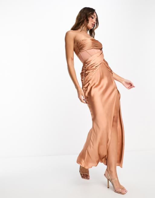 ASOS DESIGN satin draped bandeau bias maxi dress with corset detail in tan