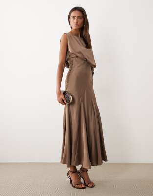 Asos Design Satin Draped Bodice Full Skirt Godet Maxi Dress In Multi