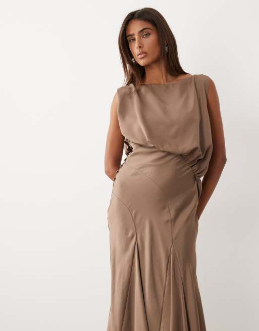ASOS DESIGN satin draped bodice full skirt godet maxi dress in mocha, 2 of 4