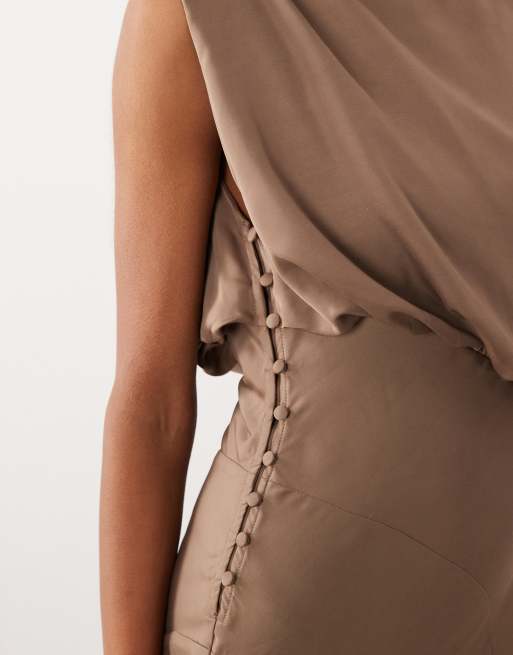 ASOS DESIGN satin draped bodice full skirt godet maxi dress in mocha, 3 of 4