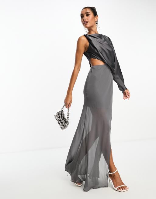 Grey Abstract Chiffon Ruched Drape Midi Dress