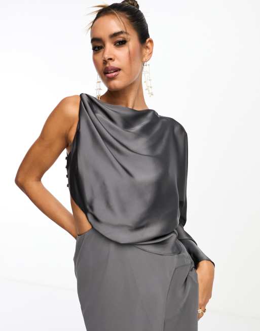 ASOS DESIGN satin draped one shoulder maxi dress with chiffon bias skirt in  charcoal