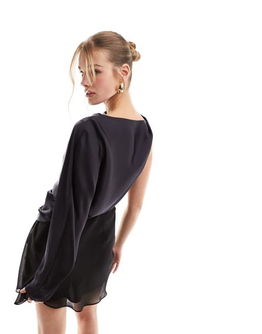 ASOS DESIGN satin draped one shoulder mini dress with chiffon bias skirt in black, 4 of 4