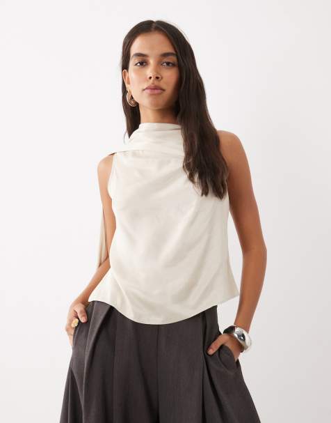 ASOS DESIGN satin draped scarf detail top in stone - view 1