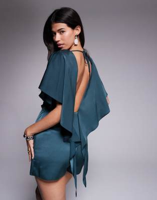 Asos Design Satin Draped Skort Romper With Cape Back In Gray