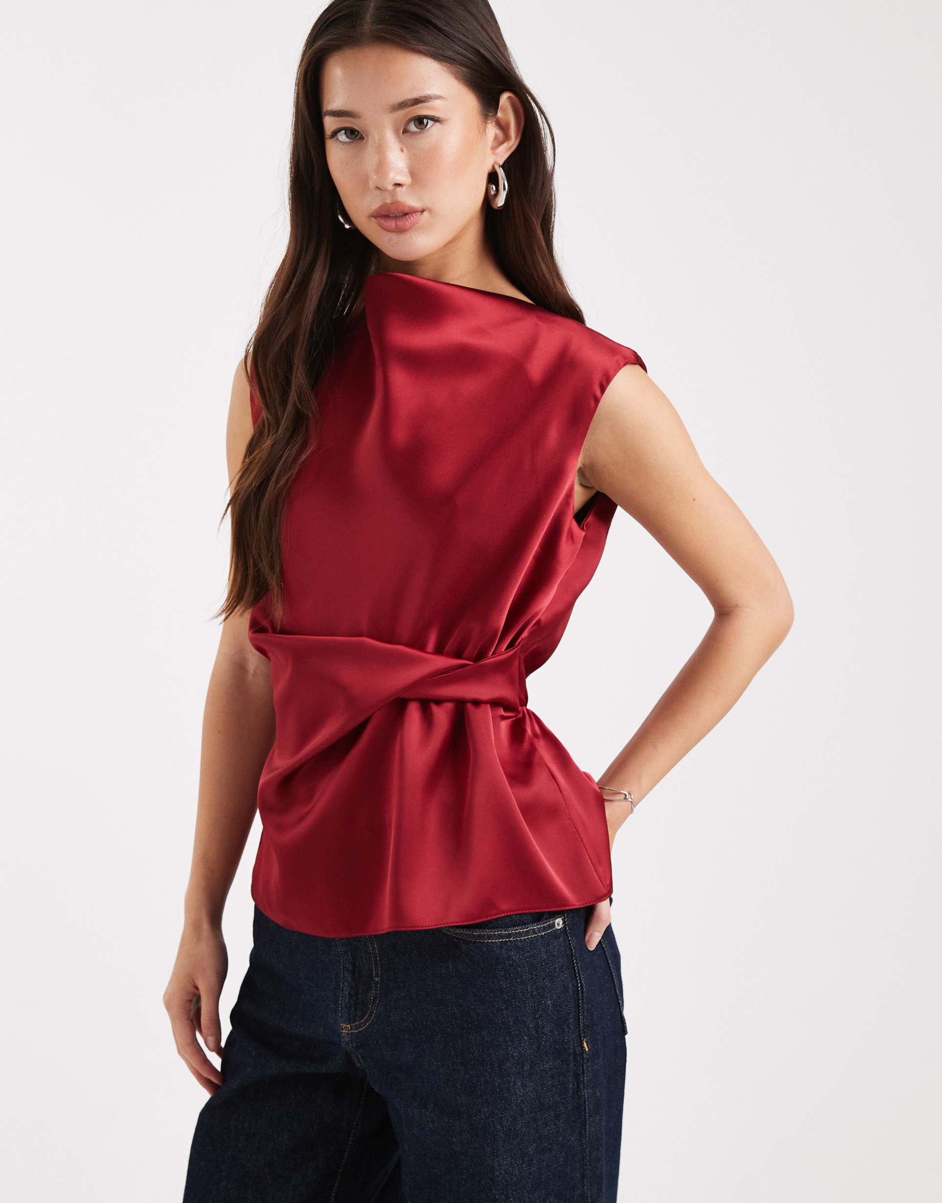 asos design satin draped twist detail top in red
