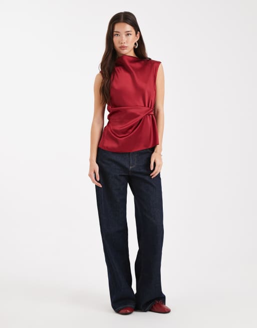 ASOS DESIGN satin draped twist detail top in red, 2 of 4