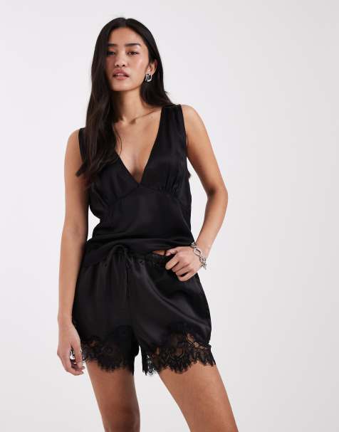 ASOS DESIGN satin drawstring waist shorts with lace trim in black - view 1