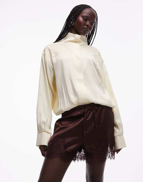 ASOS DESIGN satin drawstring waist shorts with lace trim in brown - view 1