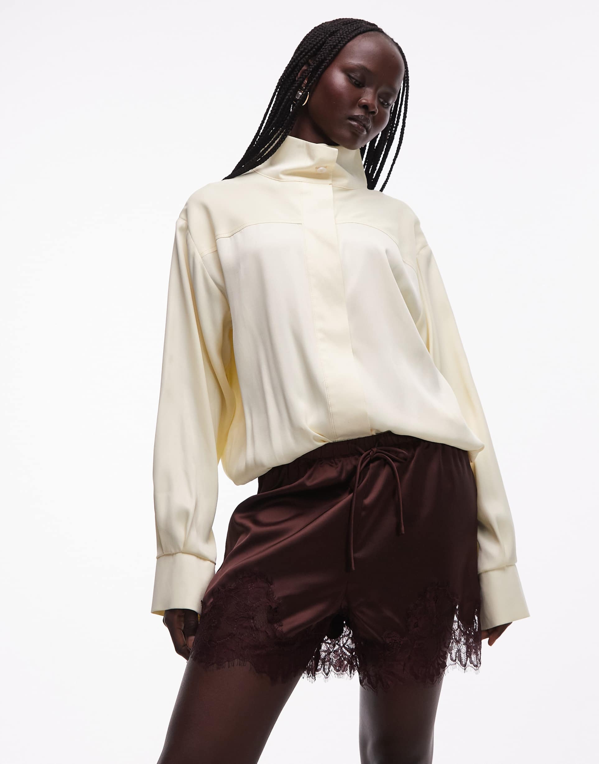 asos design satin drawstring waist shorts with lace trim in brown