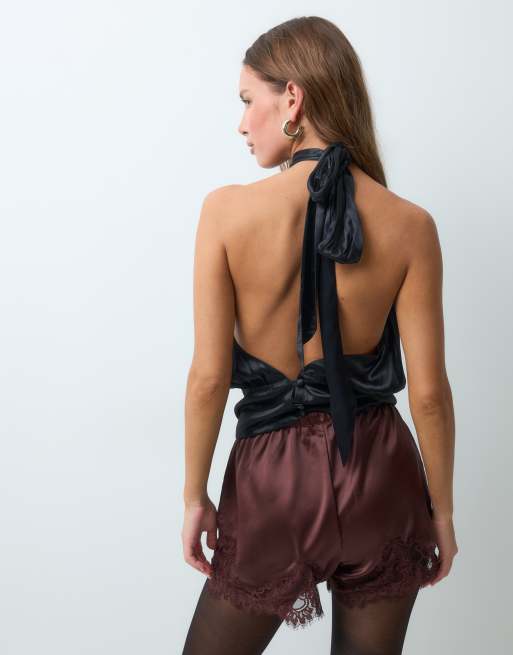 ASOS DESIGN satin drawstring waist shorts with lace trim in brown, 2 of 5