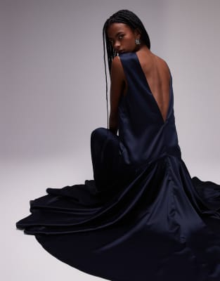 Asos Design Satin Drop Waist Circle Skirt Maxi Dress-navy