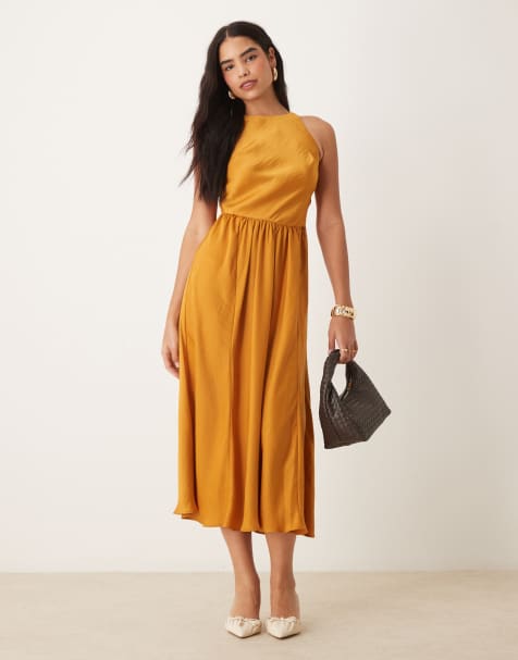 ASOS DESIGN satin drop waist midi dress with full skirt in ochre - view 1