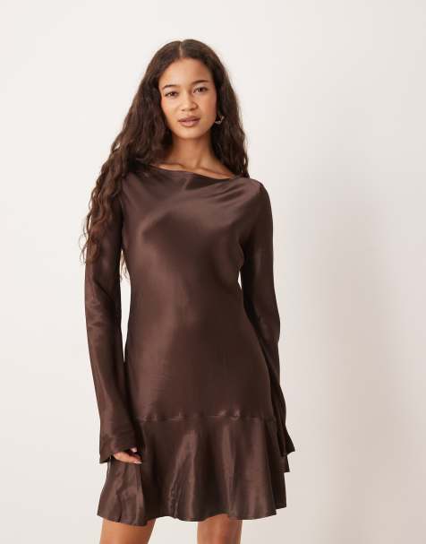 ASOS DESIGN satin drop waist mini dress in chocolate - view 1