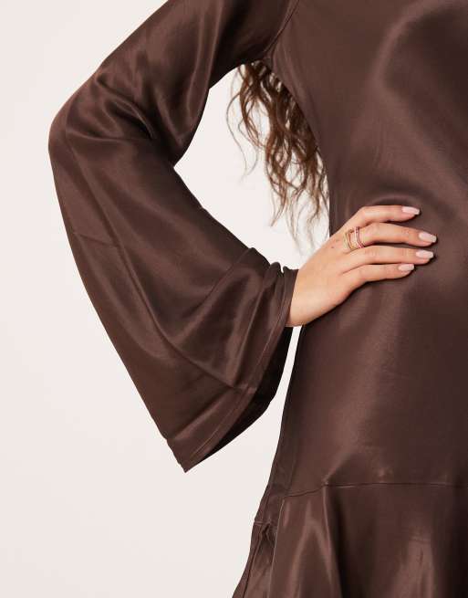 ASOS DESIGN satin drop waist mini dress in chocolate, 3 of 4