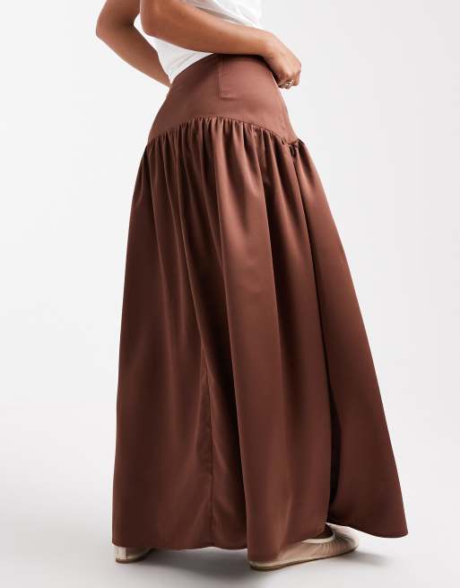 ASOS DESIGN satin dropped waist maxi skirt in chocolate