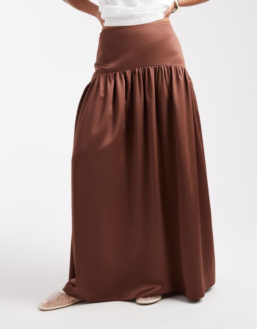 ASOS DESIGN satin dropped waist maxi skirt in chocolate
