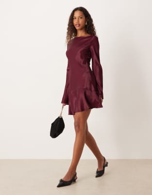 ASOS DESIGN satin dropped waist mini dress in plum-Purple