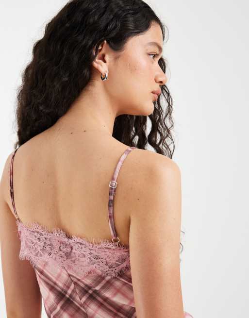 ASOS DESIGN satin dropped waist mini dress with lace trim in check, 3 of 4