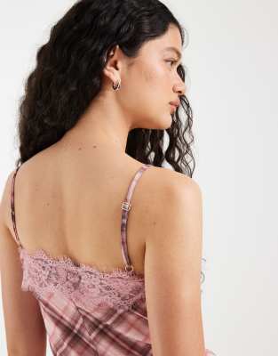 Asos Design Satin Dropped Waist Mini Dress With Lace Trim In Pink
