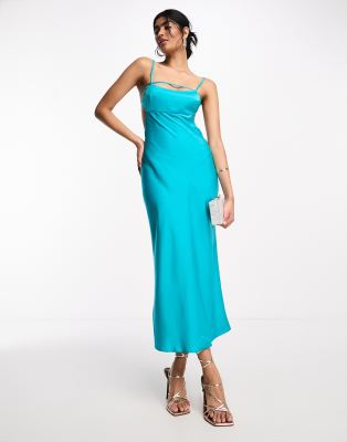 Asos Design Satin Elasticated Strappy Midi Dress With Open Back In Turquoise-blue