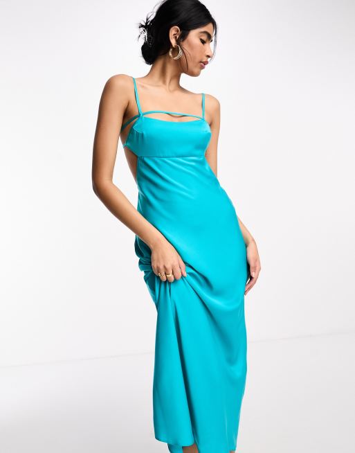 Luxe Moments Teal Blue Satin Tie-Back Midi Slip Dress