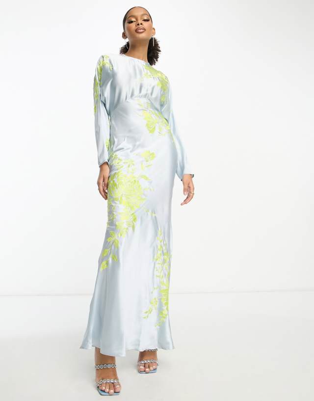 ASOS DESIGN satin embroidered batwing bias cut maxi dress in pale blue