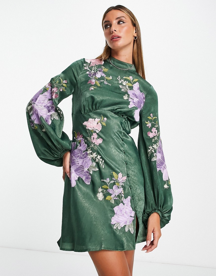 ASOS DESIGN satin embroidered mini dress with floral artwork in green-Multi