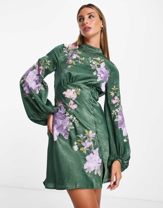 ASOS DESIGN - satin embroidered mini dress with floral artwork in green