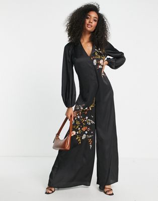 ASOS DESIGN satin embroidered plunge smock jumpsuit in black