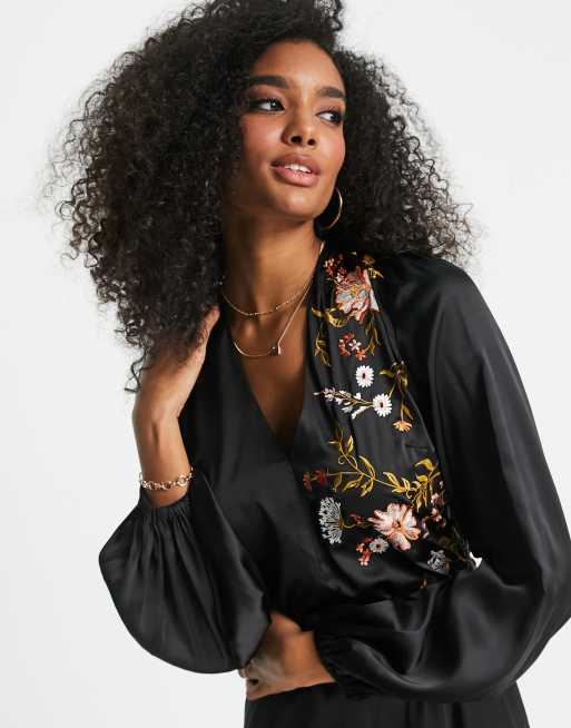 ASOS DESIGN satin embroidered plunge smock jumpsuit in black