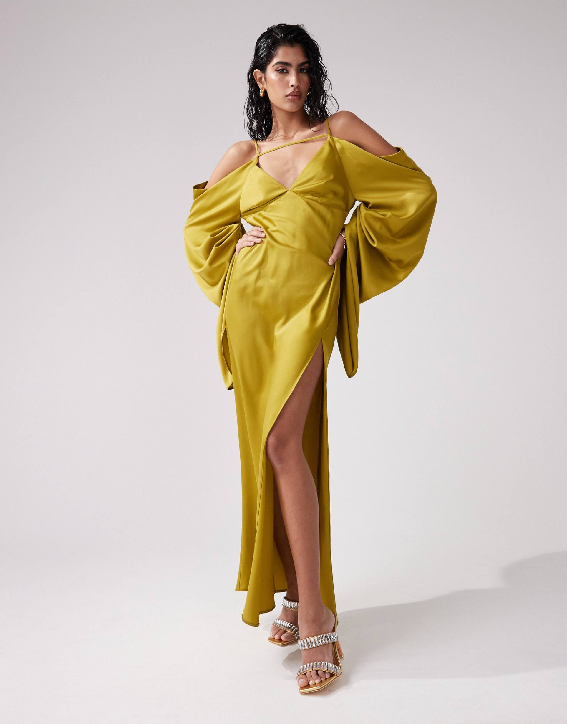 asos design satin extreme sleeve cold shoulder maxi dress in olive green