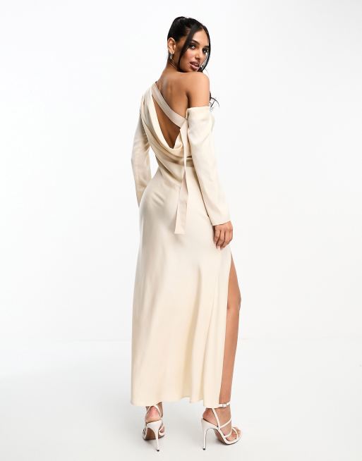 ASOS DESIGN satin fallen shoulder cowl maxi dress with back strap detail in champagne ASOS