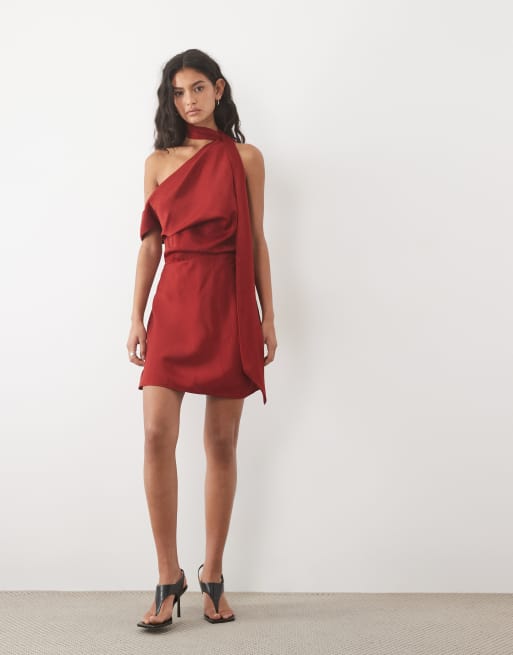 ASOS DESIGN satin fallen shoulder playsuit with tie neck in burgundy, 2 of 4