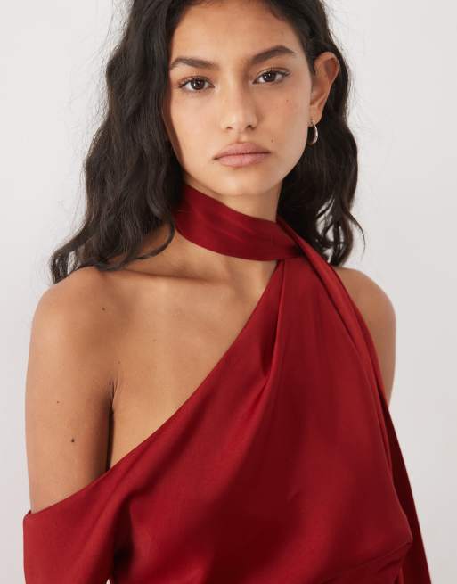 ASOS DESIGN satin fallen shoulder playsuit with tie neck in burgundy, 3 of 4