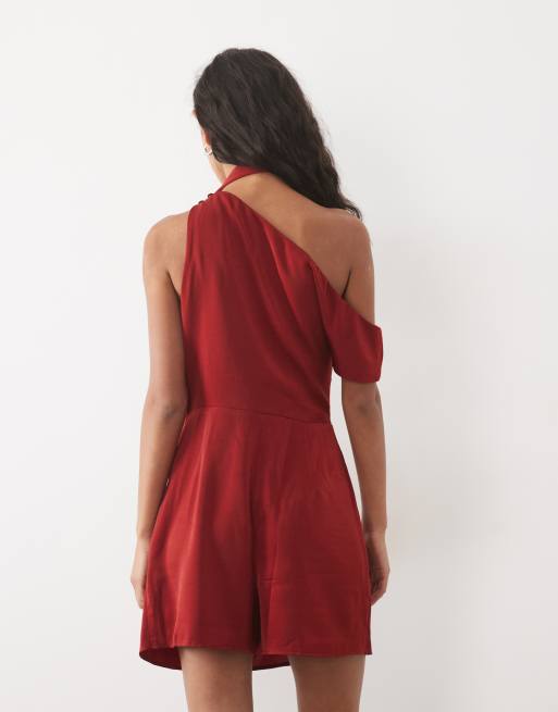 ASOS DESIGN satin fallen shoulder romper with tie neck in burgundy, 4 of 4
