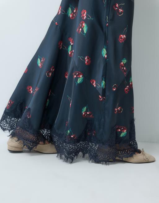 ASOS DESIGN satin fishtail maxi skirt in cherry print, 2 of 5