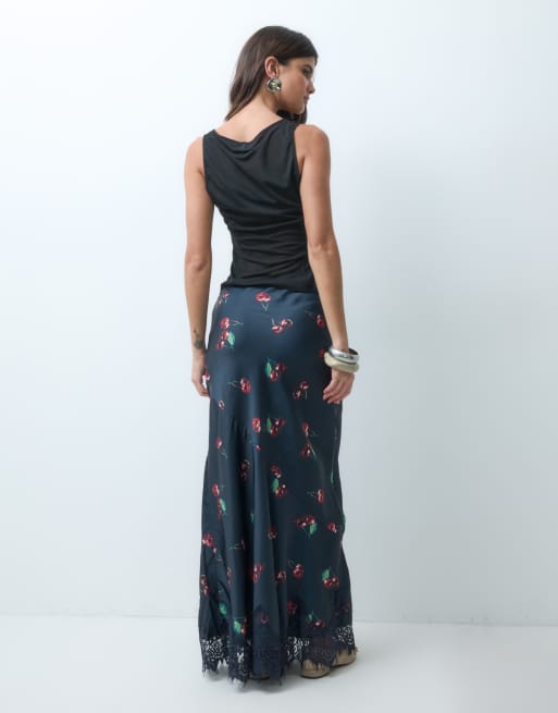 ASOS DESIGN satin fishtail maxi skirt in cherry print, 3 of 5