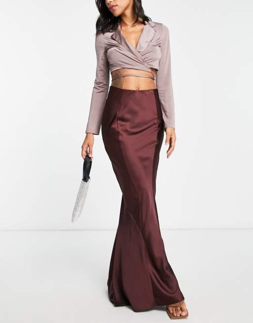 ASOS DESIGN satin fishtail maxi skirt in chocolate