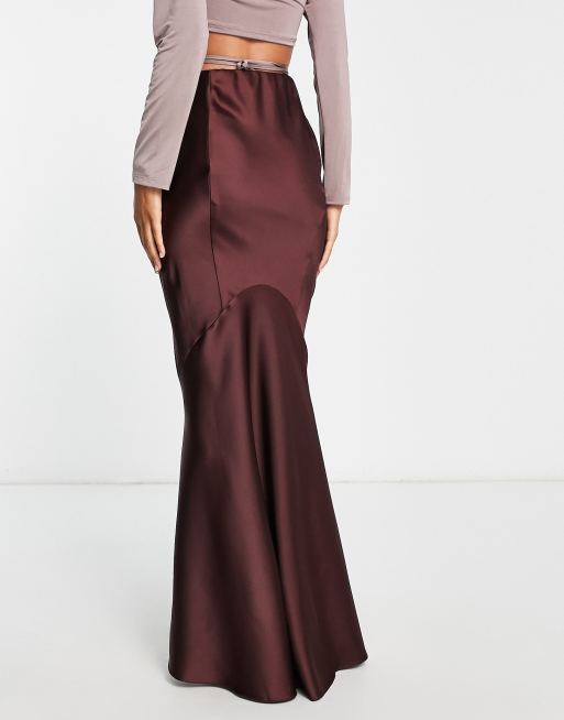 ASOS DESIGN satin fishtail maxi skirt in chocolate