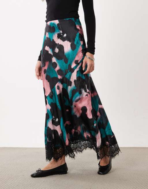 ASOS DESIGN satin fishtail maxi skirt in neo animal print, 2 of 5