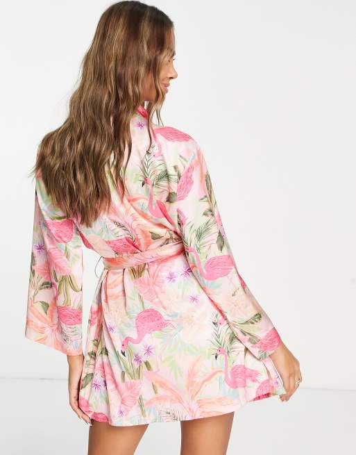 ASOS DESIGN satin flamingo mini robe in pink