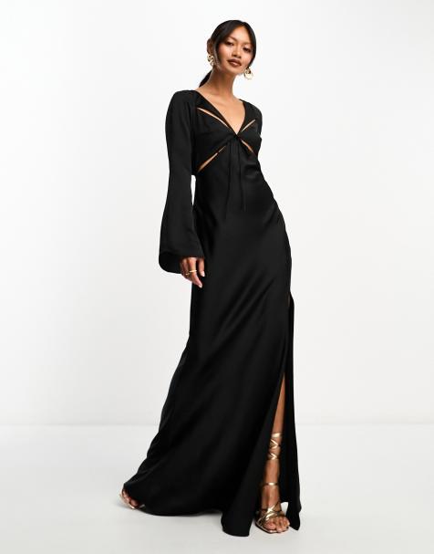 Black Silk Maxi Dress With Long Sleeves and Side Slit, Black Silk