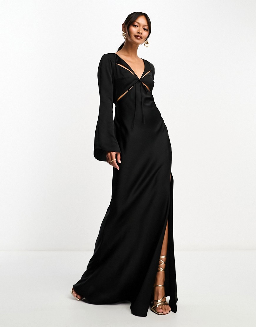 ASOS DESIGN satin flare sleeve cut out maxi dress in black