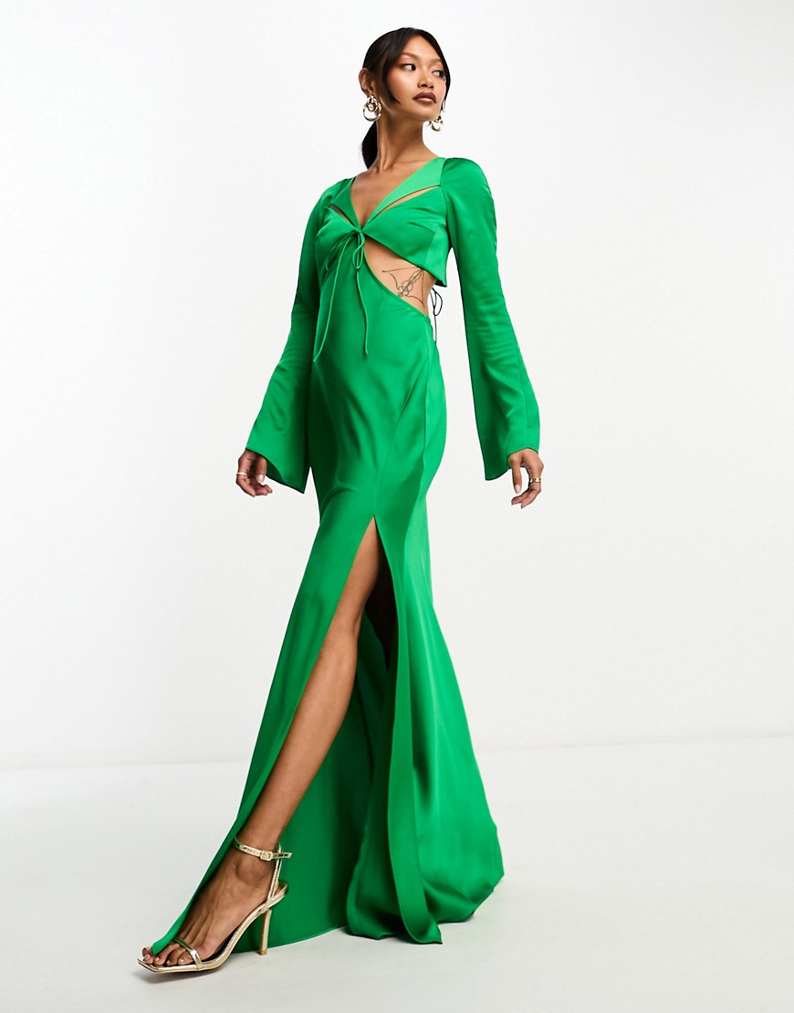 ASOS DESIGN satin flare sleeve cut out maxi dress in green